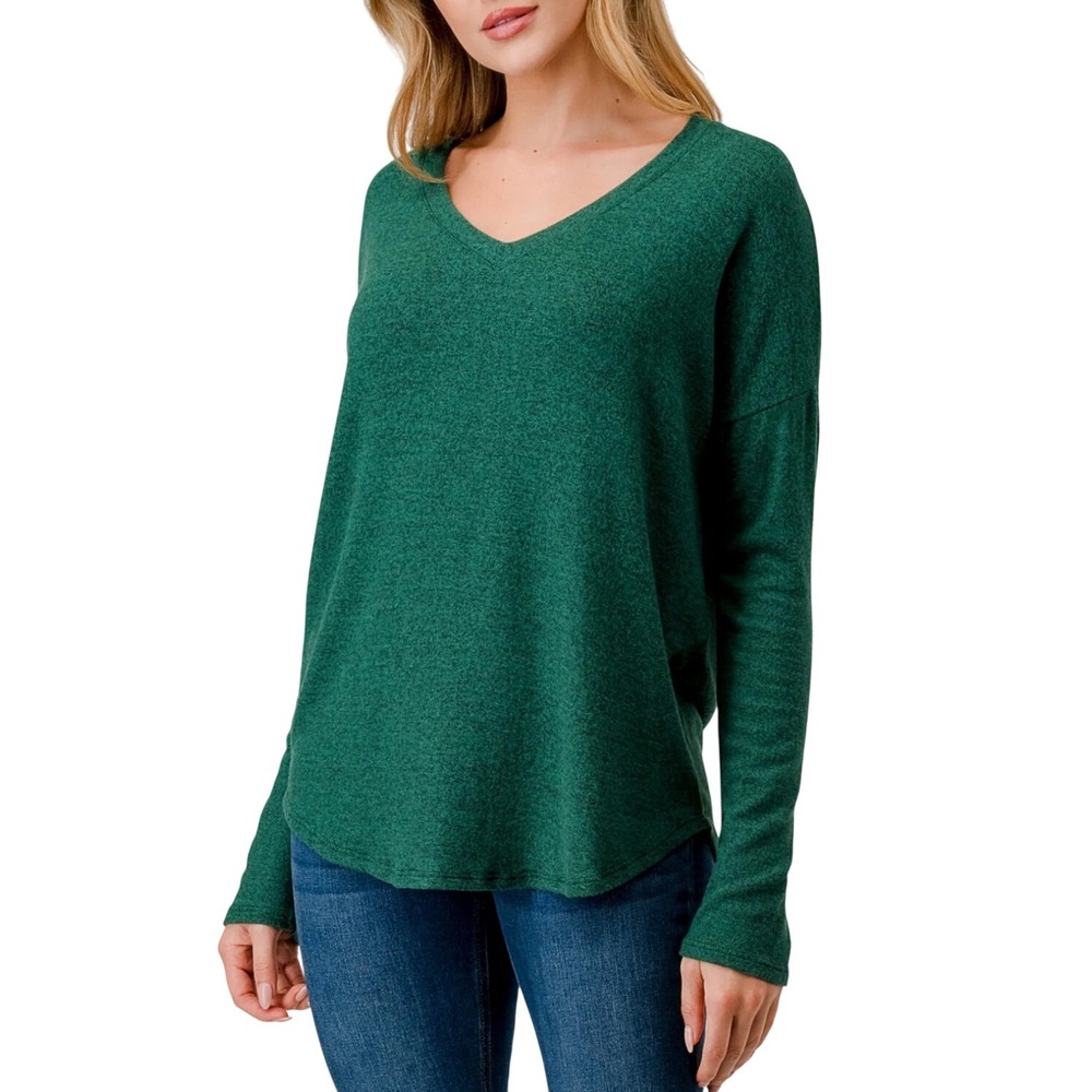 Green Women's L V-Neck Long Sleeve Top brushed Soft Made In USA Cozy Pullover